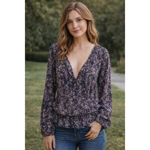 Set Silk Ditsy Floral Print Tie Neck Long Sleeve Blouse Top Black Size 8